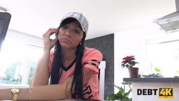 Lovely's Debt Delight: Teen (18+) Brunette Satisfies Debt Collector with Sweet Cunny