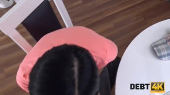 Lovely's Debt Delight: Teen (18+) Brunette Satisfies Debt Collector with Sweet Cunny