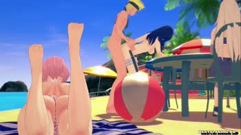 Naruto's Beachside Ménage: Hinata, Ino, and Rough Passion with Hentai Anime HD