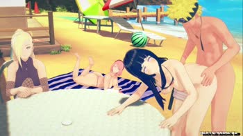 Naruto's Beachside Ménage: Hinata, Ino, and Rough Passion with Hentai Anime HD