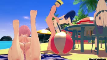 Naruto's Beachside Ménage: Hinata, Ino, and Rough Passion with Hentai Anime HD
