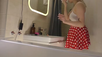 Hot Sexy Long Legs Blonde Takes Her Lace Panties off Under Her Skirt to Show Tight Pussy and Big Ass