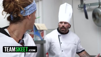 Kitchen Crew Served By Brunette Bombshell's Busty Assets