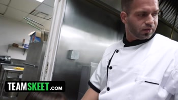 Kitchen Crew Served By Brunette Bombshell's Busty Assets
