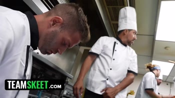 Kitchen Crew Served By Brunette Bombshell's Busty Assets