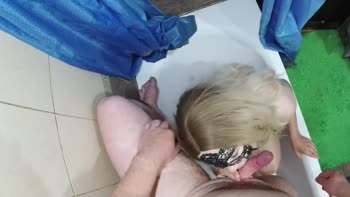 Blonde Bombshell Fashionable Promiscuity Sucks in Shower POV