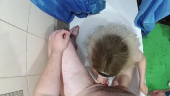 Blonde Bombshell Fashionable Promiscuity Sucks in Shower POV