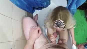 Blonde Bombshell Fashionable Promiscuity Sucks in Shower POV