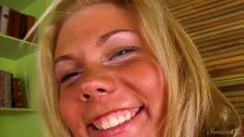 Sarah's Sultry Solo: A Petite Blonde's Shaved Delight