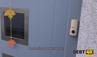 Debt Collector's Pleasure: Brunette's Shaved Pussy Blowjob
