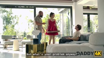 DADDY4K. Slutty GF is sucking a cock and then stripteasing for another in one room