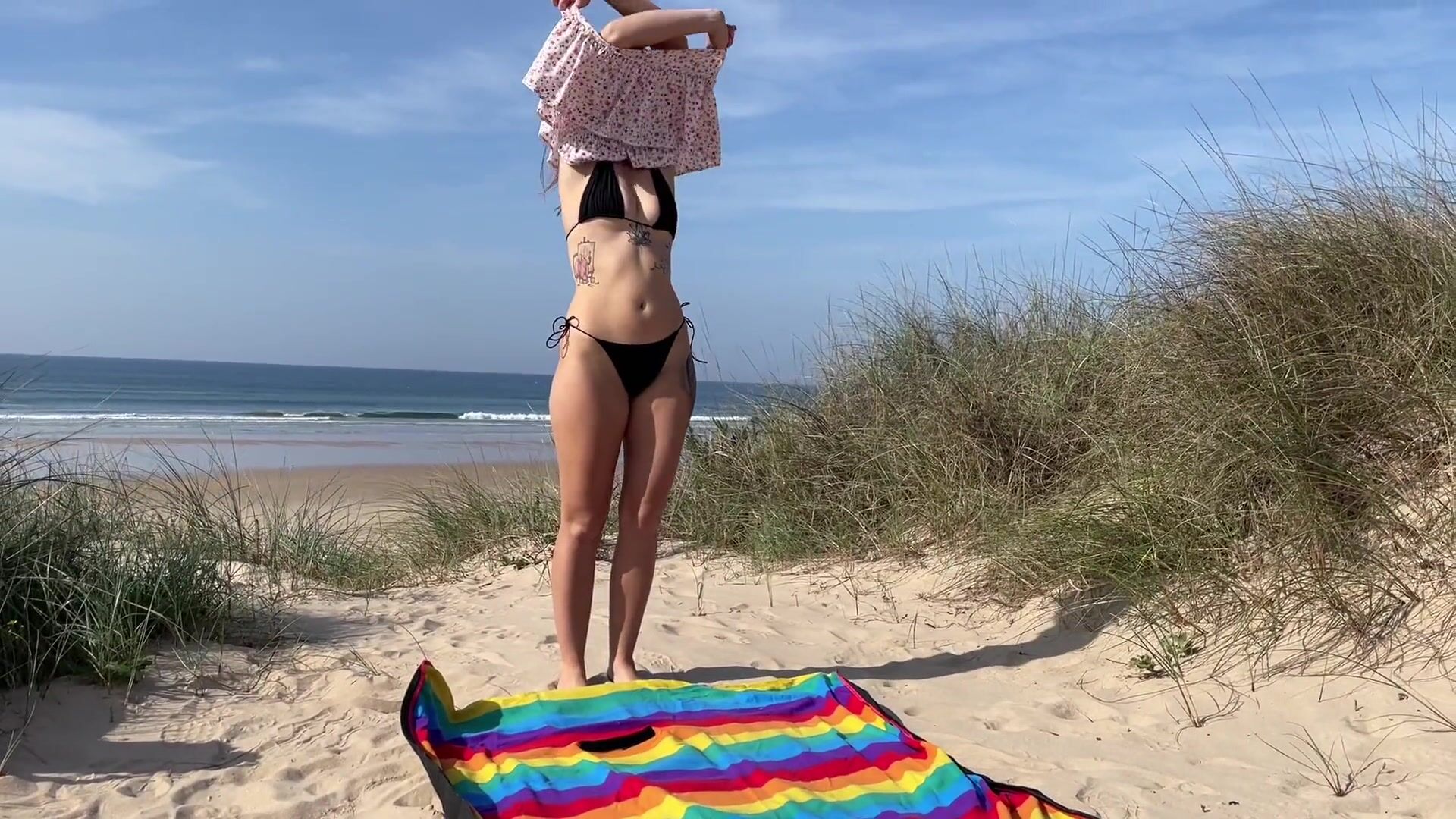 One Day at the Public Nudist Beach at Portugal. Masturbation and Handjob behind Strangers. PART 2