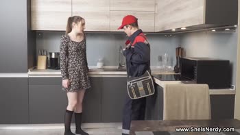 Nerdy Cutie Gets Plumber's Rough Treatment