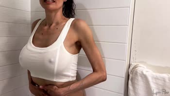 Lyna Fleur's Steamy Shower Reveal: Flawless Medium Tits in White