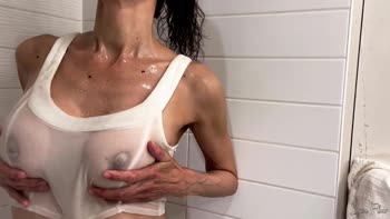 Lyna Fleur's Steamy Shower Reveal: Flawless Medium Tits in White