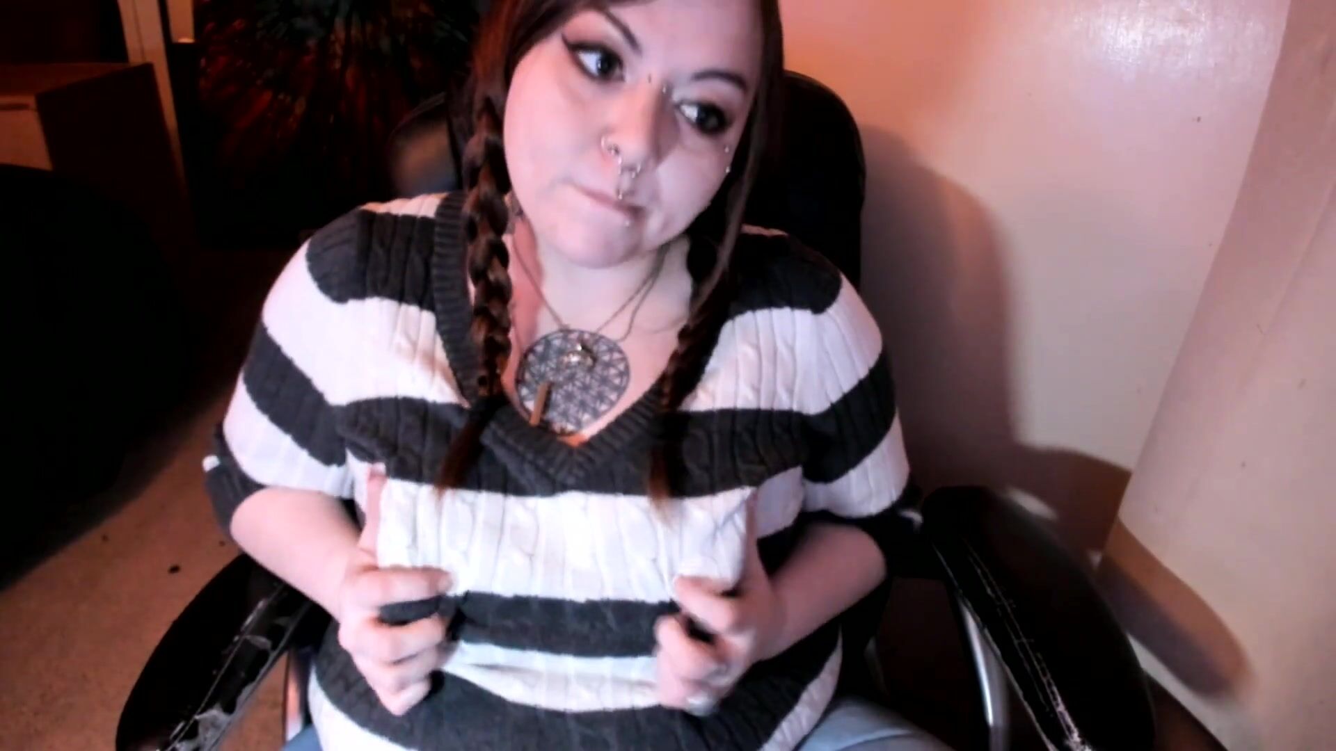 Goth BBW Sucks on her Tits