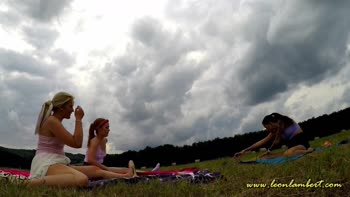 Redhead Babe's No Panties Yoga Outdoors