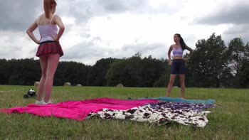 Redhead Babe's No Panties Yoga Outdoors