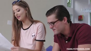 Cute stepsis blows stepbrother on couch