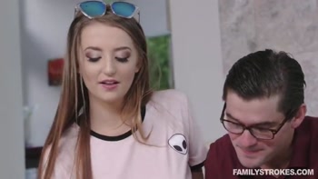 Cute stepsis blows stepbrother on couch