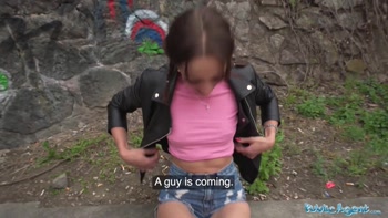 Public Agent Brunette discarded sex performer doll is fucked hard in public area