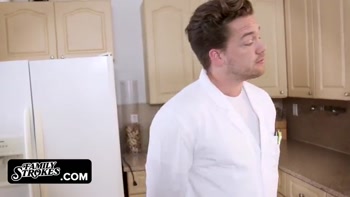 Family Strokes -Science Guy Makes His Fit Stepsis And Stepmom Bend Over The Kitchen Counter And Fuck