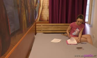 Alice's Casual Charm: Bored Brunette in T-Shirt Teases with Tiny Tits