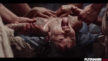 Futanari Frenzy: Brunette Gets Creamed by Shemale Duo