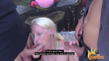 Blonde Teen (18+) Jesse Key Gets Double Teamed in Public Threesome