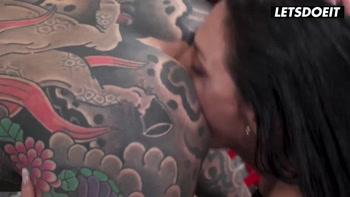 Thick Tattooed Babe Gets Oiled Up, Bent Over the Couch... He Spreads Her Cheeks and Fingers Her Ass