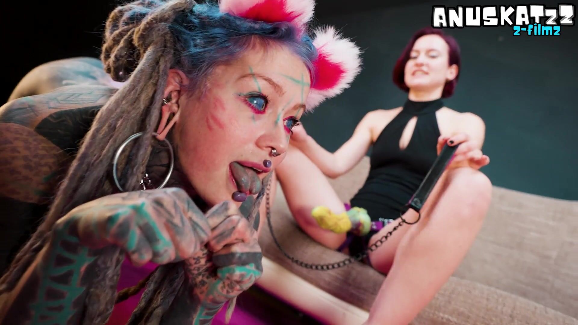 FEMDOM Catplay Lesson Dominatrix Trains Tattooed Kitty with Tail Butt Plug