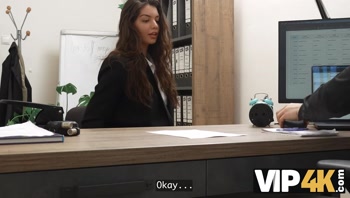 VIP4K. Sexy 18-year-Old Brunette gets fucked Hard in the Office to secure a Loan