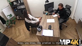 VIP4K. Sexy 18-year-Old Brunette gets fucked Hard in the Office to secure a Loan