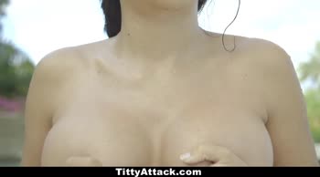 Caroline Ray's Busty Brunette Delight: Outdoor Titty Fuck and Cumshot