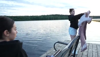 Two Girls Took Their Clothes off on the Lake. a Passing Surfer Had Sex in the Open Air