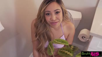 Sis Steadies My Hard Dick for a Sloppy Blowjob