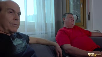 Two Grandpas Learn a Lesson from Teen (18+) Brunette's Footjob Frenzy