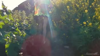Blonde Bombshell Struts Outdoors in Mini Skirt Exposing Her Stunning Big Tits