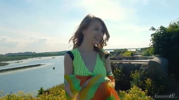 Blonde Bombshell Struts Outdoors in Mini Skirt Exposing Her Stunning Big Tits
