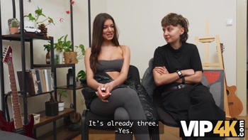 VIP4K. Two pretty Lesbians don't mind to having a Threesome with a stranger from the train