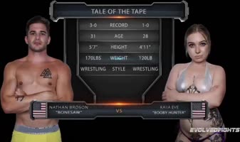 Nude Wrestling Fight has Kaiia Eve vs Nathan Bronson with Cock Sucking and Pussy Eating then a Fuck