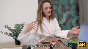 RIM4K. Couple teaching their blonde friend how to rim and make the guy cum