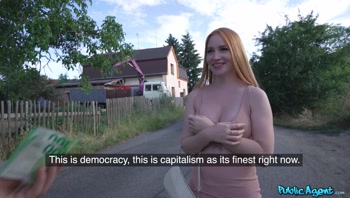 Public Agent - Redhead with GREAT TITS and a tight dress dicked outside