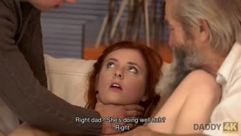 Old Man and Son's Forbidden Fun: Tiny Teen (18+)'s Shaved Pussy in Threeway