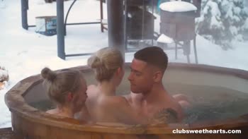 Blissful Winter Threesome: Big Cock, Petite Delights in Hot Tub