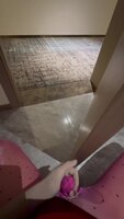 Playing with pantyhose in a hotel, then opening the door and cum