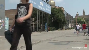 Spanish hottie gets throat fucked on the street bound in front of a busy cafe!