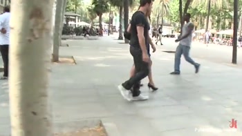 Spanish hottie gets throat fucked on the street bound in front of a busy cafe!