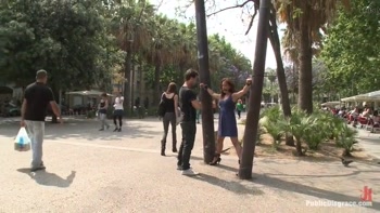 Spanish hottie gets throat fucked on the street bound in front of a busy cafe!