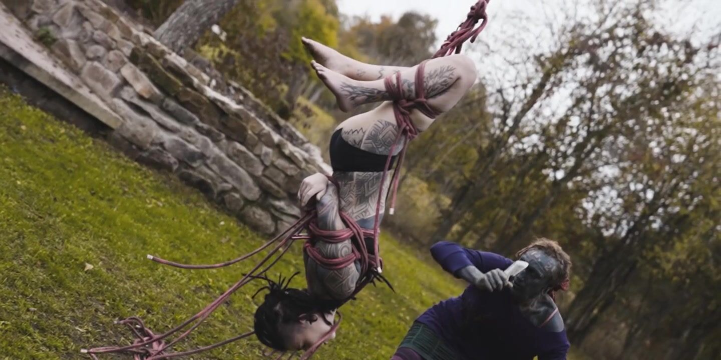 Outdoor Bondage Shibari Suspension - Tattoo Skinny Girl in Ropes on a Tree